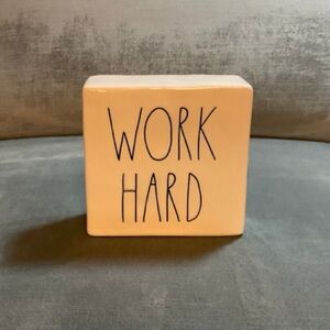 NWOT Rae Dunn double sided ceramic sign “WORK HARD” “BE BRAVE “. 5” c 5 1/2”